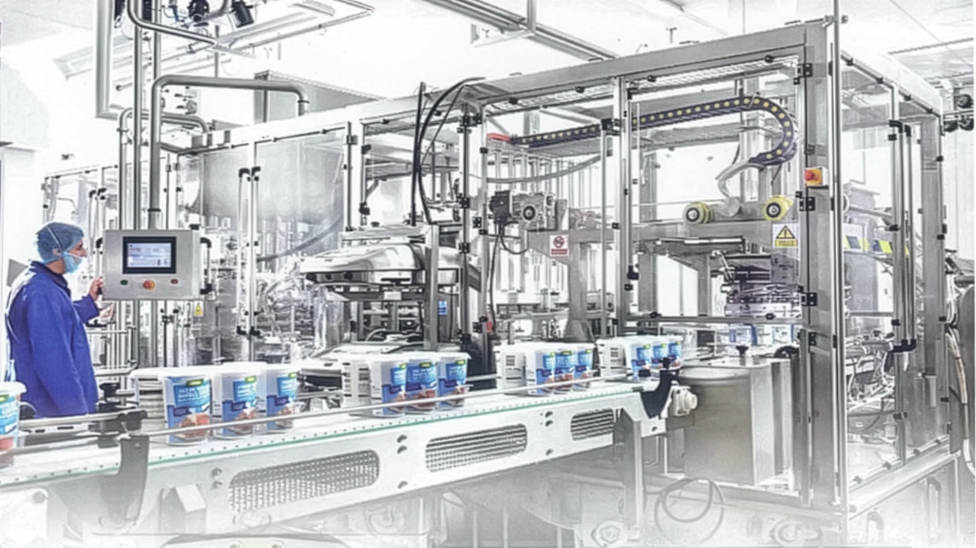 Dual-format filling line in operation — general equipment view with operator